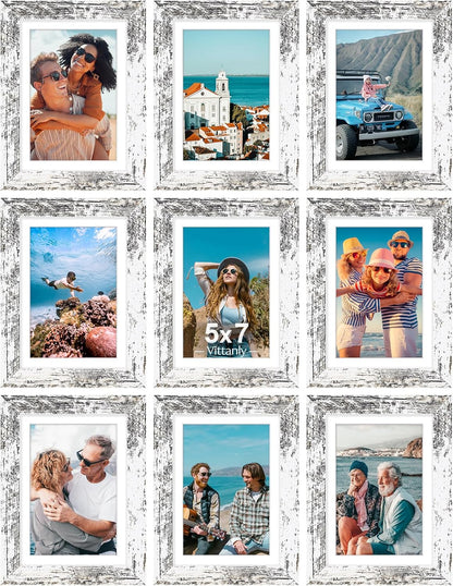 Vittanly 5x7 Picture Frames Set of 9, Shatter Resistant Plexiglass, Display 4x6 Pictures with Mat or 5x7 without Mat, Photo Frames for Wall or Tabletop, Engineered Wood, Distressed White