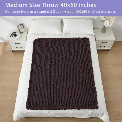 Bigacogo Chunky Knit Throw Blanket for Couch, 40x60 inches, 100% Hand Knitted with Thick Jumbo Chenille Yarn, Cozy Soft Large Rope Knot Cable Crochet Blankets for Sofa Bed Living Room, Chocolate