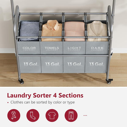 Tajsoon Laundry Sorter with Hanging Bar, 4 Section Rolling Laundry Hamper with Heavy Duty Lockable Wheels, Laundry Sorter Cart for Bathroom & Bedroom, Gray