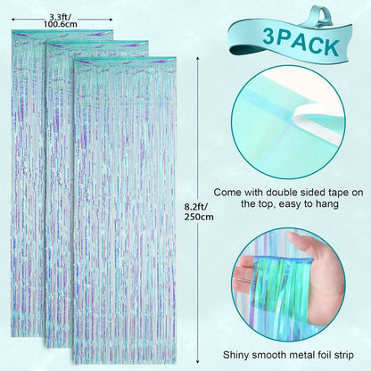 3 Pack 3.3x8.2 Feet Neon Iridescent Foil Fringe Backdrop Curtains, Tinsel Streamers Birthday Party Decorations, Fringe Backdrop for Graduation, Baby Shower, Gender Reveal, Disco Party