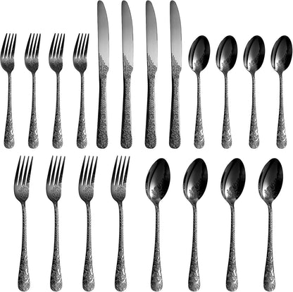 Floral 20 Pcs Black Silverware Set for 4, Food Grade Stainless Steel Flatware Set with Rose Flower Embossed Design, Eating Utensils Sets Include Fork/Knife/Spoon, Reusable Cutlery Set, Dishwasher Safe