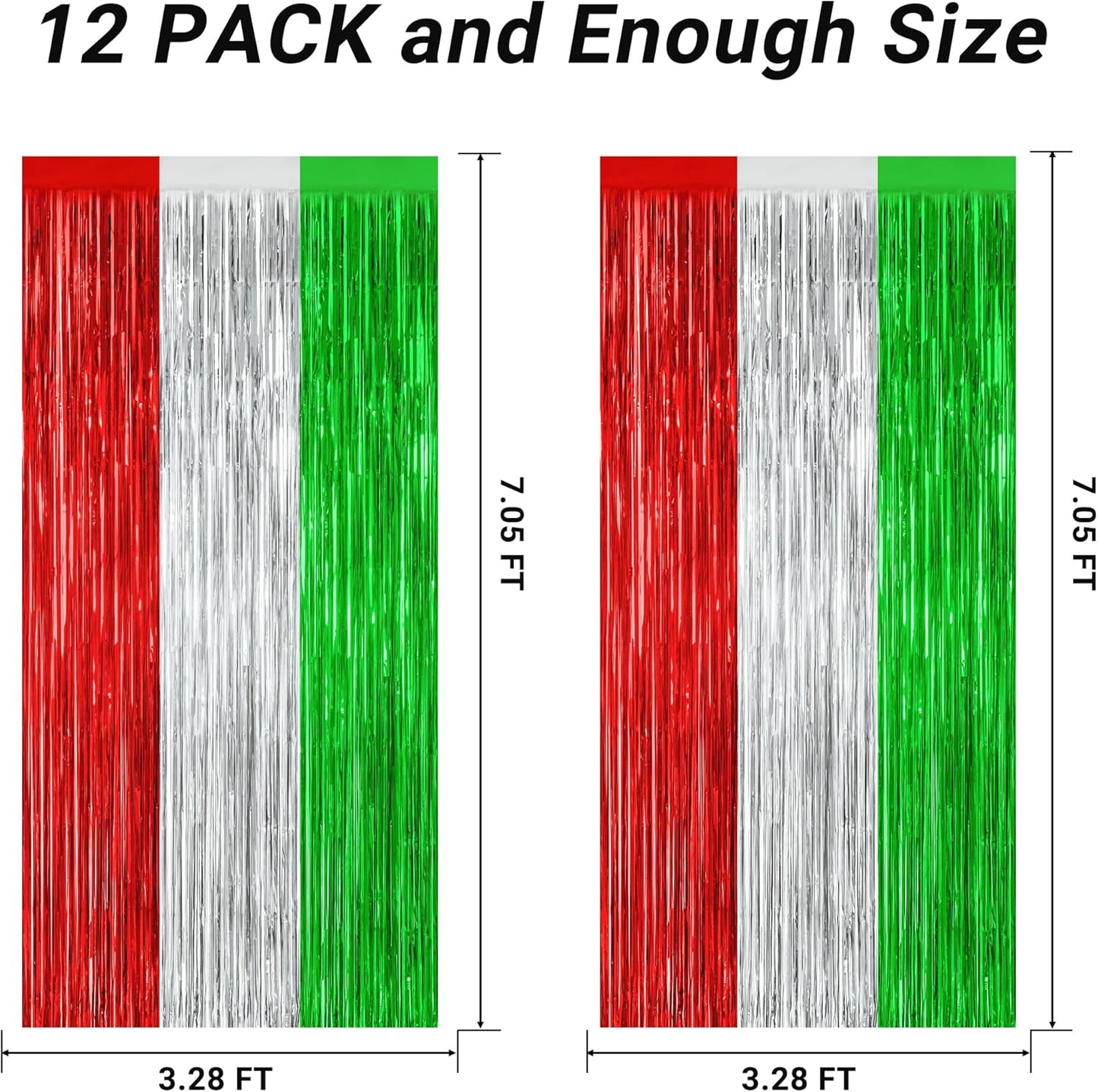 12 Pack Christmas Party Backdrop, 3.28 FT x 7.05 FT Red Silver Green Foil Streamer, Metallic Fringe Curtains Tinsel Streamer, Hanging Christmas Decorations Picture Props Door Decor