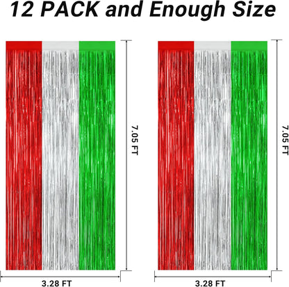 12 Pack Christmas Party Backdrop, 3.28 FT x 7.05 FT Red Silver Green Foil Streamer, Metallic Fringe Curtains Tinsel Streamer, Hanging Christmas Decorations Picture Props Door Decor