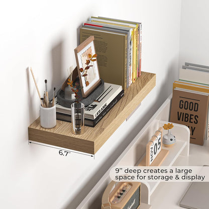 Fun Memories Floating Shelves - 16 Inch Wall Shelf for Decor & Storage - Wall Mounted Display Shelving with Invisible Heavy Duty Metal Bracket 2Pack, Oak