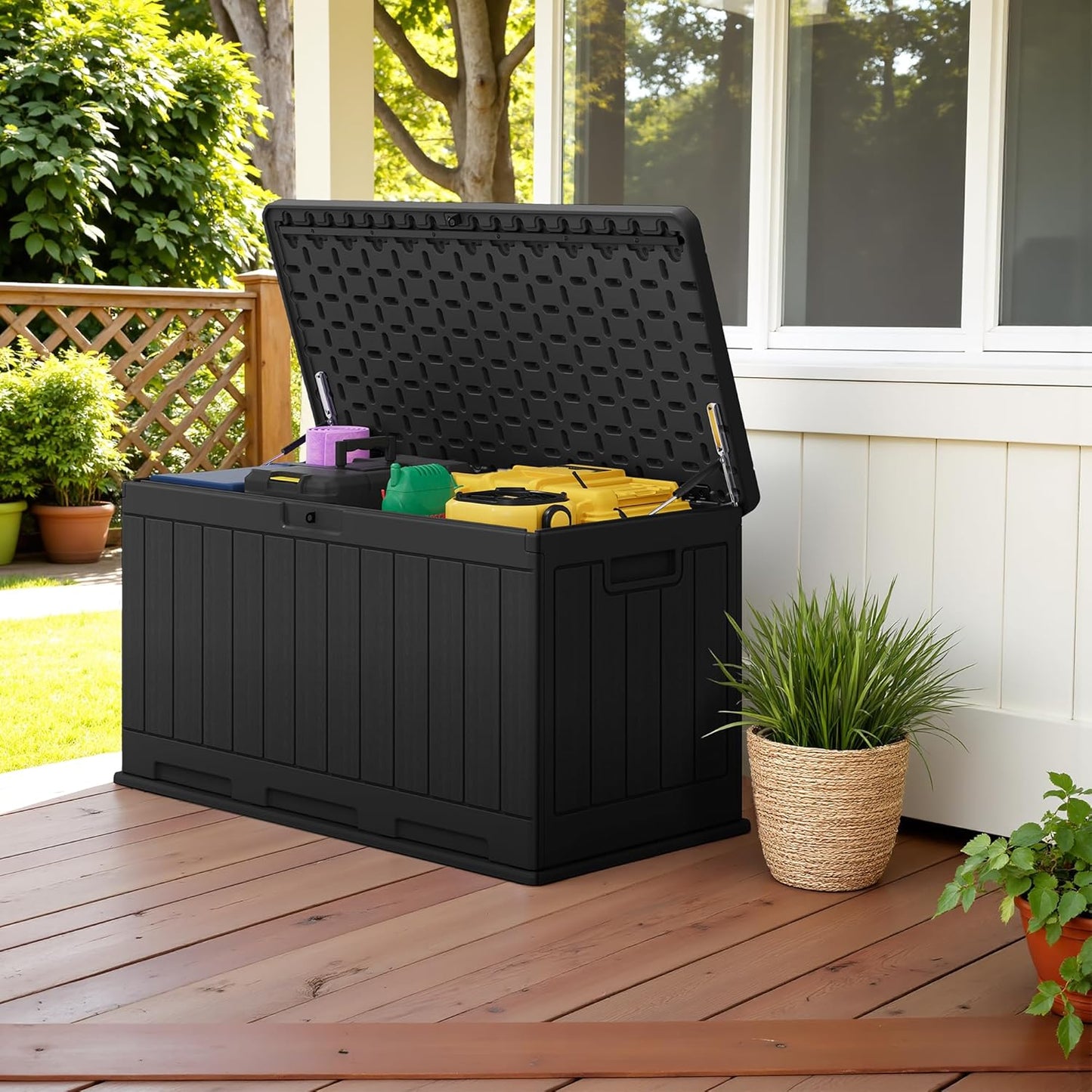 Devoko 90 Gallon Double-Wall Deck Box, Side Handles, HDPE Outdoor Large Storage Box Waterproof and Lockable for Patio Furniture, Garden, Pool (Black, 90 Gallon)