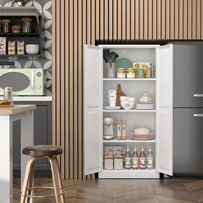 Kitchen Cabinet Storage,60”Metal Pantry Cabinet with Doors and 3 Adjustable Shelves,Food Pantry Cabinets with 2 Gold Handles,White Tall Storage Cabinet for Livingroom,Pantry,Bathroom,Kitchen