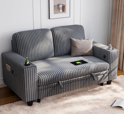 LINSY HOME Loveseat Sofa with Storage - Comfy Plush Corduroy 2 Seater Sofa with USB Charging & Cup Holders, Deep Seat Love Seat for Small Spaces Living Room Bedroom Apartment, Grey