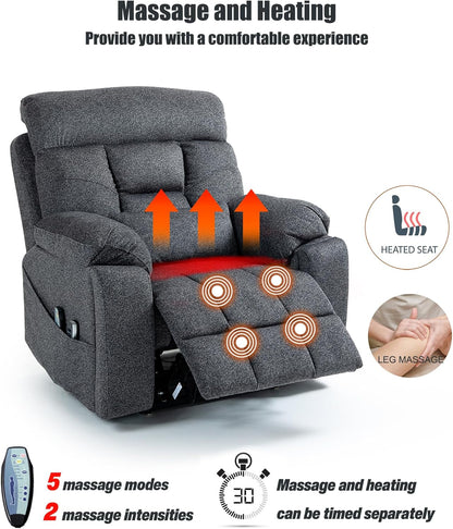 Power Lift Chair Recliners for Elderly with Heated and Massage, 4 Motor Headrest, Lumbar Independent Adjustment Power Lift Recliner with Hidden Cup Holder、Side Pocket、Back Pillow