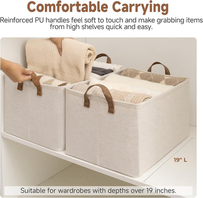 StorageWorks Storage Bins, Shelves Baskets for Organizing, 45L Extra Large Fabric Closet Organizers with Handles, Metal Frame, Beige（Cotton-linen）, 2-Pack
