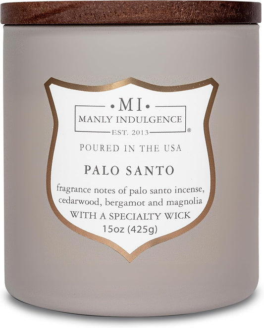 Manly Indulgence Palo Santo Scented Candles for Men, 15 oz Wooden Wick, Premium Soy Blend Wax, 60H