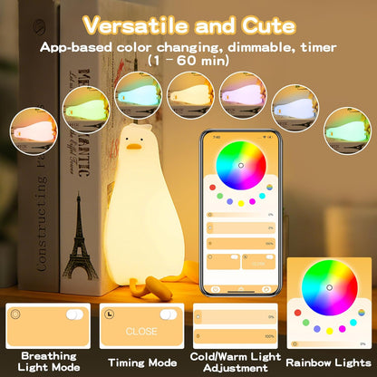 Cute Duck Night Light with Color Changing, APP/Tap Control Fun Lying Flat Ducky Lamp with Blind Box Gift,Soft Silicone Nursery Nightlight,Dimmable/Timing Bedside Touch Lamp,Baby Adults Kids Room Decor