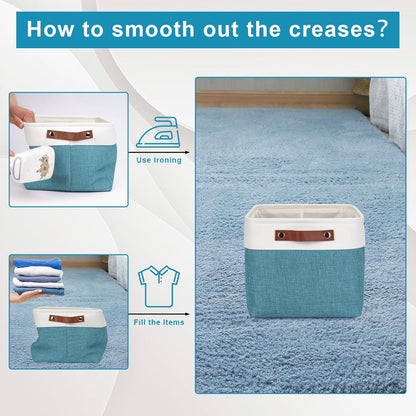 Storage Bins Large Fabric Storage Baskets for Shelves 3 Pack, Decorative Linen Closet Baskets with Handles for Organizing, Shelf, Clothes, Home, Office, 15x11x9.5Inches (Teal&White)