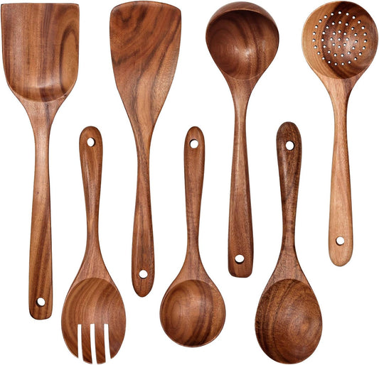 Wooden Non-Stick Kitchen Pan Toolset 7 Pieces Set,100% Natural Teak Kitchen Utensils Spatula
