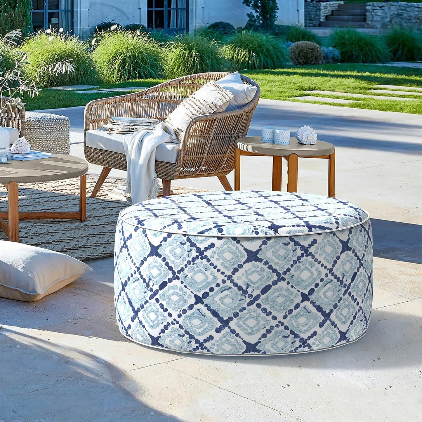 LVTXIII Outdoor Inflatable Ottoman, Fade-Resistant Round Footrest Stool D31”x H14”, Portable Patio Pouf for Garden Camping or Home Use, Boho Geometry Blue