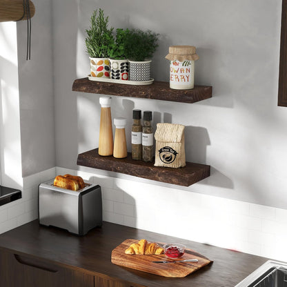 24" Floating Shelves, Live Edge Solid Elm Wood Floating Shelf, Wall Mounted Display Shelves with Heavy-Duty Bracket for Books, Rustic Wooden Shelf for Kitchen, Bathroom, Walnut Color, Set of 2