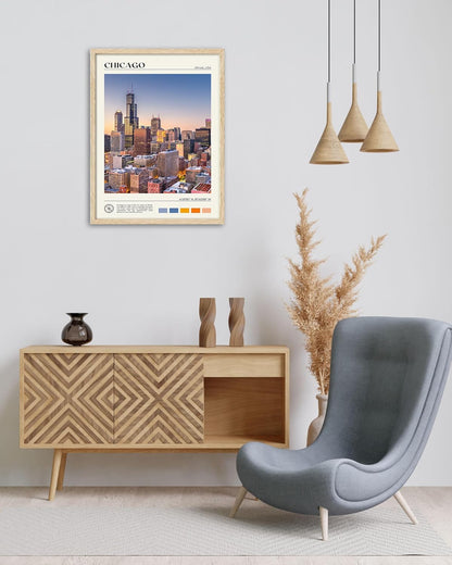 HesenDot Natural OAK Wood Chicago Cityscape Framed Wall Art,12x16in City Skyline Canvas Wall Print,Modern Urban Landmark Wall Decor for Living Room,Bedroom,Office Gallery Gifts Set of 1
