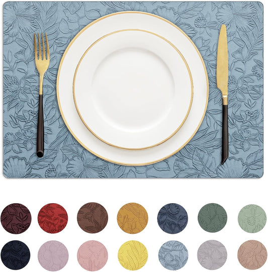Romanstile Vinyl Placemats Set of 6-12 X 18 Inch - Heat Resistant Non-Slip Embossed Floral Place Mats 100% Waterproof Oilproof Wipeable Faux Leather Table Mats for Kitchen/Dining/Party, SkyBlue