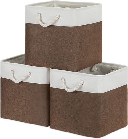 Bidtakay Collapsible Rustic Cube Storage - Brown Cloth Baskets with Handles, 13x13x13 Inch, Set of 3 Fabric Storage Bins