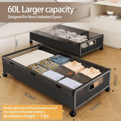 Under Bed Storage Containers with Wheels, Underbed Shoe Storage Organizer with Removable Lids, Large Rolling Under Bed Storage Dresser Drawers for Clothes Toys Shoes Blankets