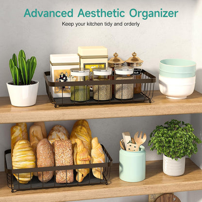 2 Tier Fruit Basket for Kitchen Counter with 2 Banana Hangers, 2025 Pro Detachable Metal Fruit Bowl with Wooden Handle,Fruit Holder for Bread Snack Veggies, Brown