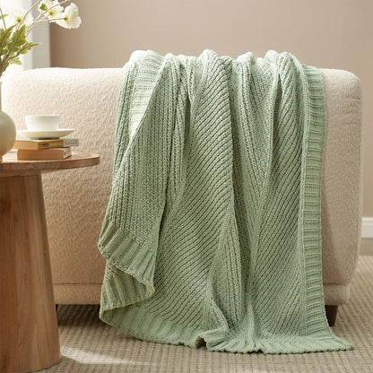 Amélie Home Chenille Knit Throw Blanket for Couch, Chevron Texture Decorative Soft Blanket for Sofa, Bed & Chair, 50"x60", Sage Green