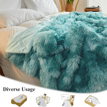 XeGe Tie Dye Plush Faux Fur Throw, Teal Soft 50x60 Shaggy Furry Blanket, Turquoise Fluffy Velvet Couch Throw, Comfy Ombre Fuzzy Lap Blanket for Bedroom Living Room Car Tie Dye Teal