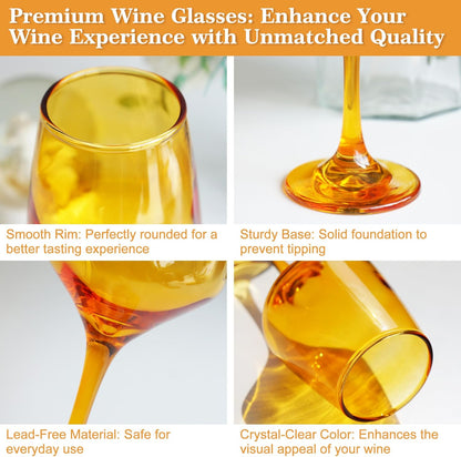 Amber Wine Glasses Set of 6-12oz Amber Long Stem Wine Glass Cups, Pretty Crystal Glassware, Hand Blown Goblets Drinkware, Unique Drinking Stemware Holiday Gift Set