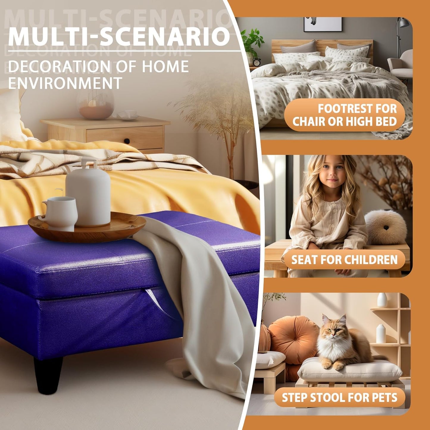 Ottoman Rectangular Storage Ottoman Bench, Faux Leather Footrest, Coffee Table, Stool Footstool with Hinged Lid for Living Room, Bedroom, Entryway, Blue, 28.5"x19"x17.5"