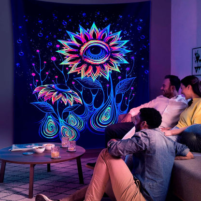 ADDWel Blacklight Sunflower Tapestry, Hippie Eye Tapestry Glow In The Dark, UV Reactive Black Light Upright Posters Wall Hanging for Bedroom Dorm Living Room Backdrop Decor