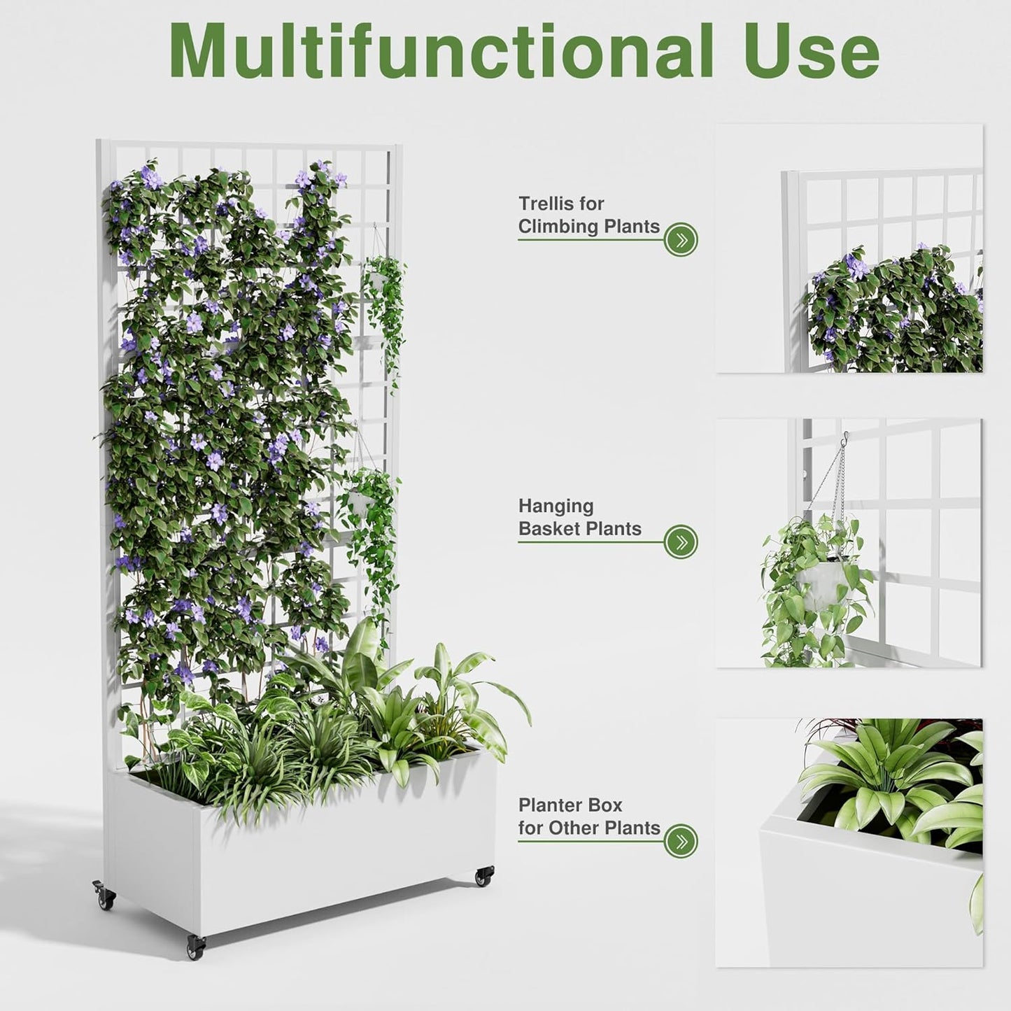 Casaphoria Metal Raised Garden Bed with Trellis and Wheels, 72"x35"x16" Planter Box for Climbing Plants, Vegetables & Vines, Features Drainage Holes and Privacy Screen (White-Square)