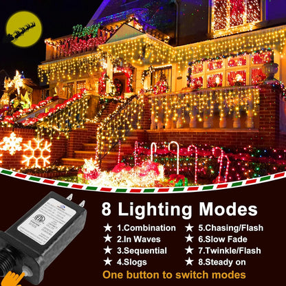 KNONEW 99ft 960 LED Christmas Lights Outdoor Decorations with 180 Drops, 8 Modes Curtain Fairy Light, Clear Wire LED String Light Indoor Decor for Wedding Party Christmas(Warm White)