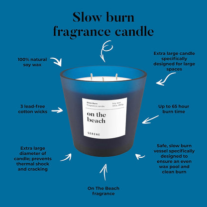 Hidden Label Large Scented Candle, On The Beach, 30oz 3 Wick Huge Candle, Serene Collection Slow Burn Natural Soy Candles for Home Scented