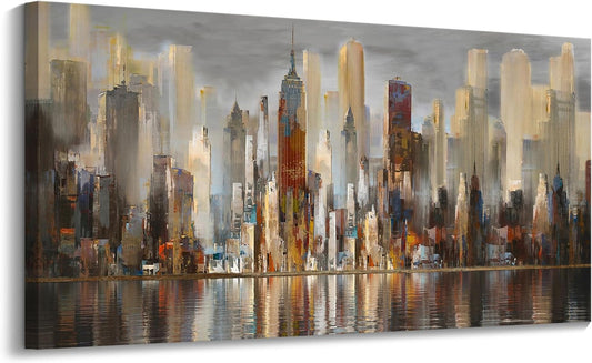 Framed Wall Art Large Cityscape New York Wall Decor Canvas Prints Abstract Brown City Theme Paintings Modern Canvas Wall Art for Living Room Bedroom Big Size 24x48 Framed