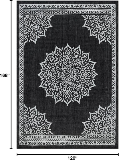 CAMILSON Indoor Outdoor Rug, 10x14 Medallion Black White Modern Area Rugs for Large Indoor and Outdoor Patios, Kitchen and Hallway Mats, Washable Porch Deck Outside Carpet (Medallion Black, 10 x 14)