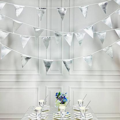 Silver Party Decorations Metallic Fabric Triangle Pennant Banner Silver Flag Bunting Garland for Graduation Birthday Wedding Bridal Shower Anniversary Engagement Bachelorette Party Decoration Supplies