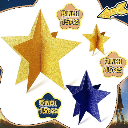 45 Pcs 3D Star Centerpieces Movie Night Decorations for Table in 3 Sizes Hanging Supplies for Red Carpet Film Show Theme Birthday New Year Party First Day of School Table Decor(Blue, Gold)