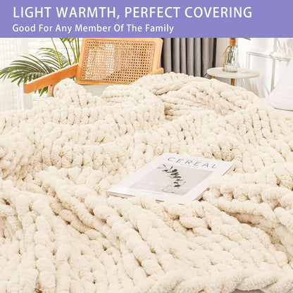 Bigacogo Chunky Knit Throw Blanket for Couch, 51x63 inches, 100% Hand Knitted with Thick Jumbo Chenille Yarn, Cozy Soft Large Rope Knot Cable Crochet Blankets for Sofa Bed Living Room, Beige