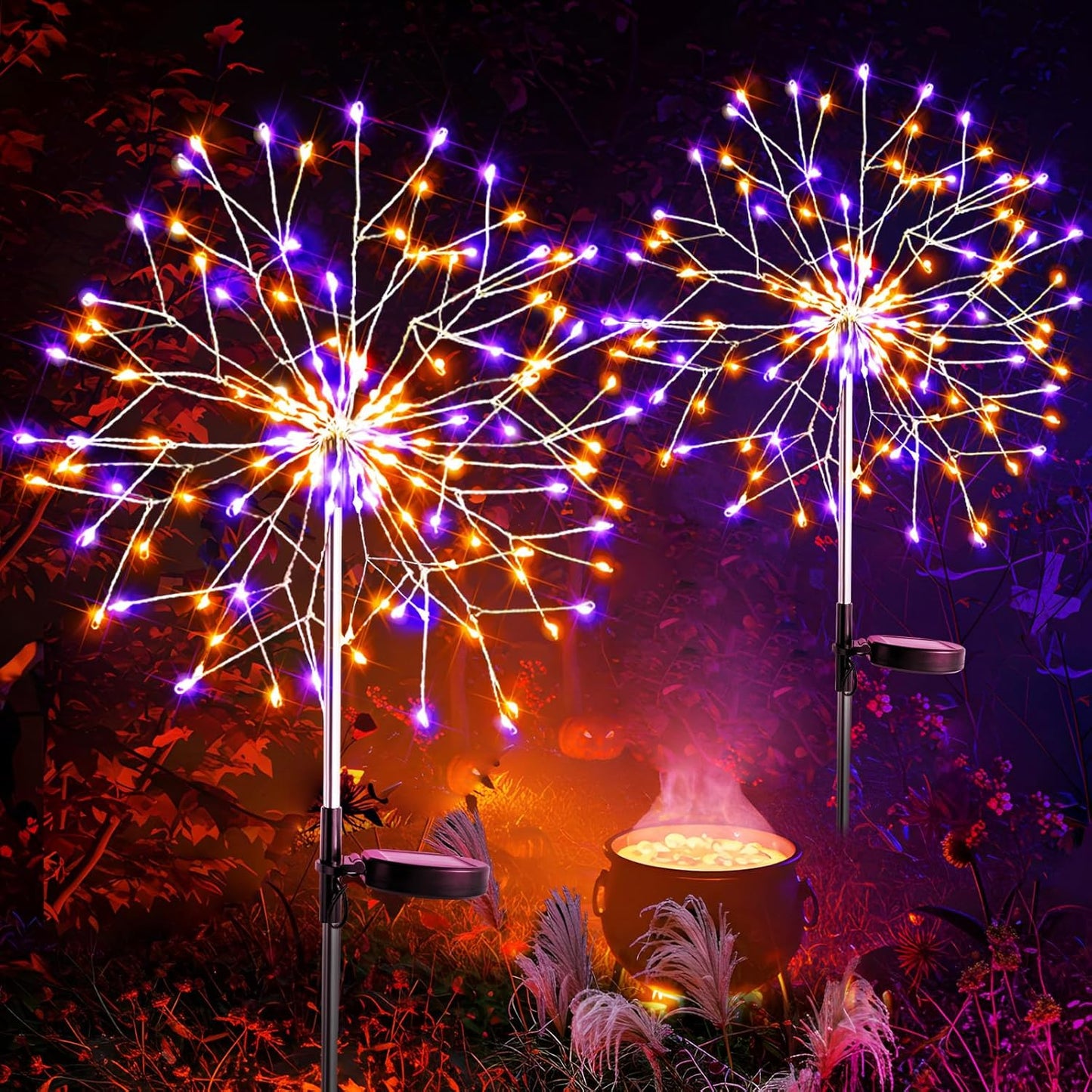 suddus Solar Halloween Lights Outdoor Solar Powered, Upgrade 2-Pack Orange & Purple Solar Firework Lights, Waterproof Garden Light for Yard Pathway Patio Flowerbed Halloween Decorations