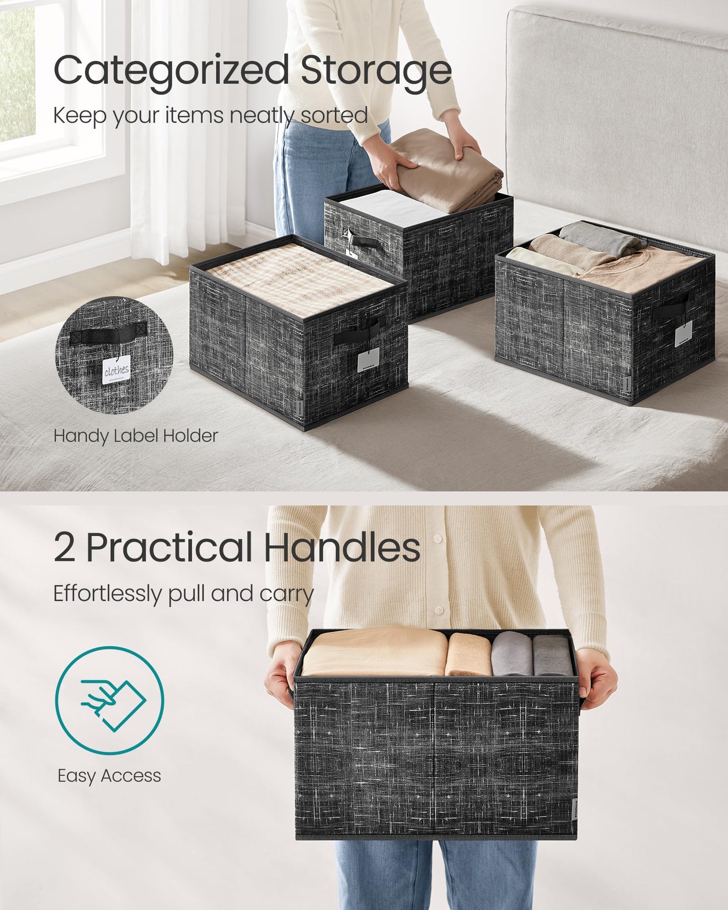 SONGMICS Storage Baskets, Set of 3, Foldable Closet Organizer for Shelves