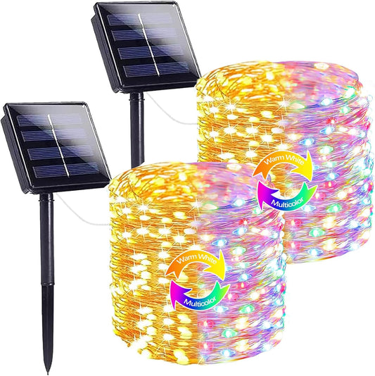 SANJICHA Warm White and Multicolor Color Changing Solar String Lights, Extra-Long 2PK 144FT 400LED Solar Fairy Lights Outdoor Waterproof, Copper Wire 8 Modes for Garden Party Wedding Decorations