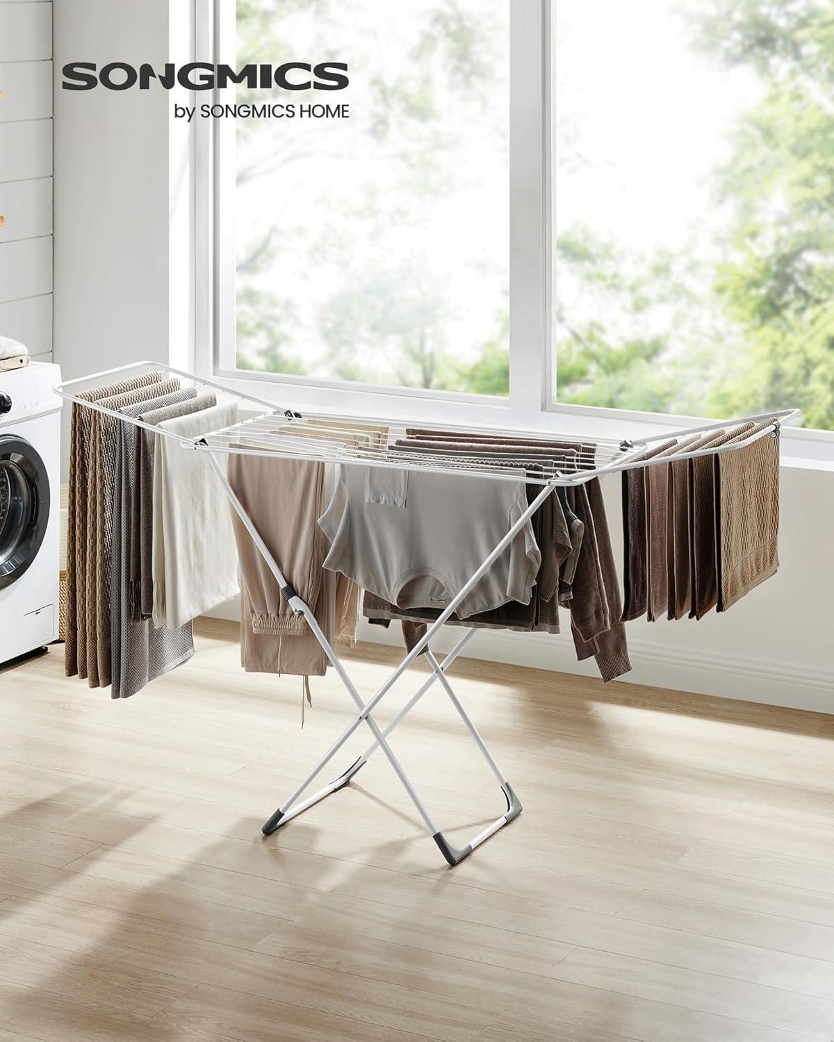 SONGMICS Clothes Drying Rack, Metal Laundry Drying Rack, Foldable, Space-Saving, Free-Standing Airer, with 2 Gullwings, Indoor Outdoor Use, Bed Linen Clothing, White ULLR540W01
