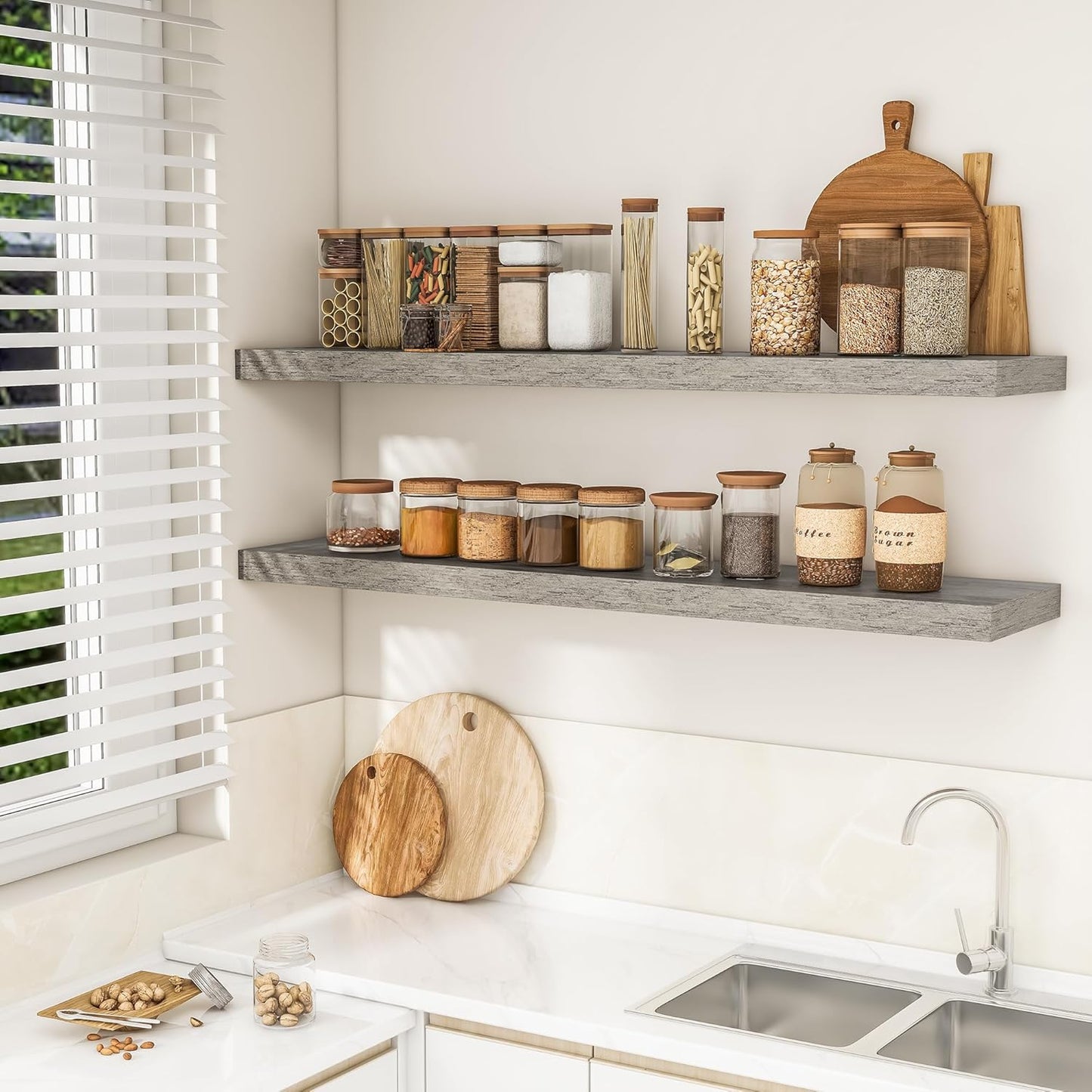 RICHFOCUS 55Inch Floating Shelves for Wall 1 Pack Shelves for Bedroom|Kitchen|Bathroom Wall Mounted Rustic Wood Floating Shelf with Invisible Brackets for Books|Storage|Decor, Grey