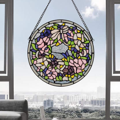 Handcrafted Stained Glass Window Panel - 12-Inch Round Floral Design with Vibrant Colors, Elegant Decorative Hanging Art for Home Décor, Includes 20-Inch Chain & Hook (Pink Iris)