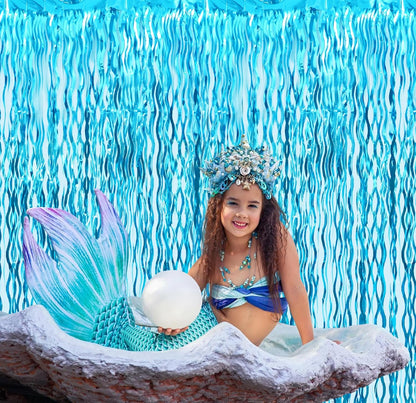 GOER 6.4 ft x 6.5 ft Metallic Tinsel Foil Fringe Curtains,Pack of 2 Party Streamer Backdrop for Birthday,Graduation Decorations and New Year Eve (Wavy Light Blue)