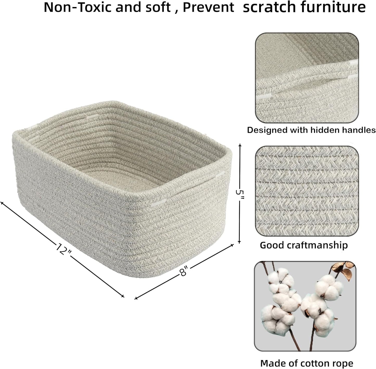 Small Woven Storage Baskets 12“X8”X5“ Decorative Rope Bins for Organizing Shelves, Closets, and Toys, Empty Gift Baskets, Cute Organizer Basket for Home and Office (grey, regular)