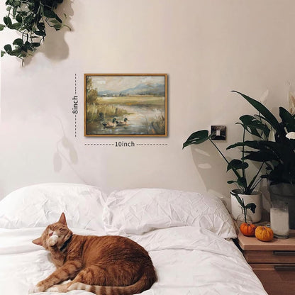 Floating Framed Canvas Wall Art, Vintage Mallard Duck Oil Paintings Print, Countryside Art Wildlife Nature Pond Wall Decor for Living Room, Bedroom, Office, Rustic Decor 8x10 inch