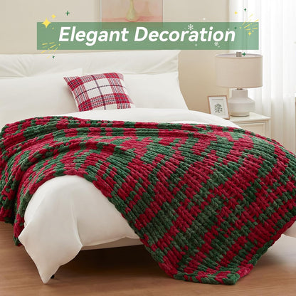 Chunky Knit Throw Blanket, 60''*80'' Knitted Throw Chenille Yarn for Bed Couch, Handmade Stripe Crochet Big Thick Blanket, Machine Washable Cute Comfy Blanket for Home Decor