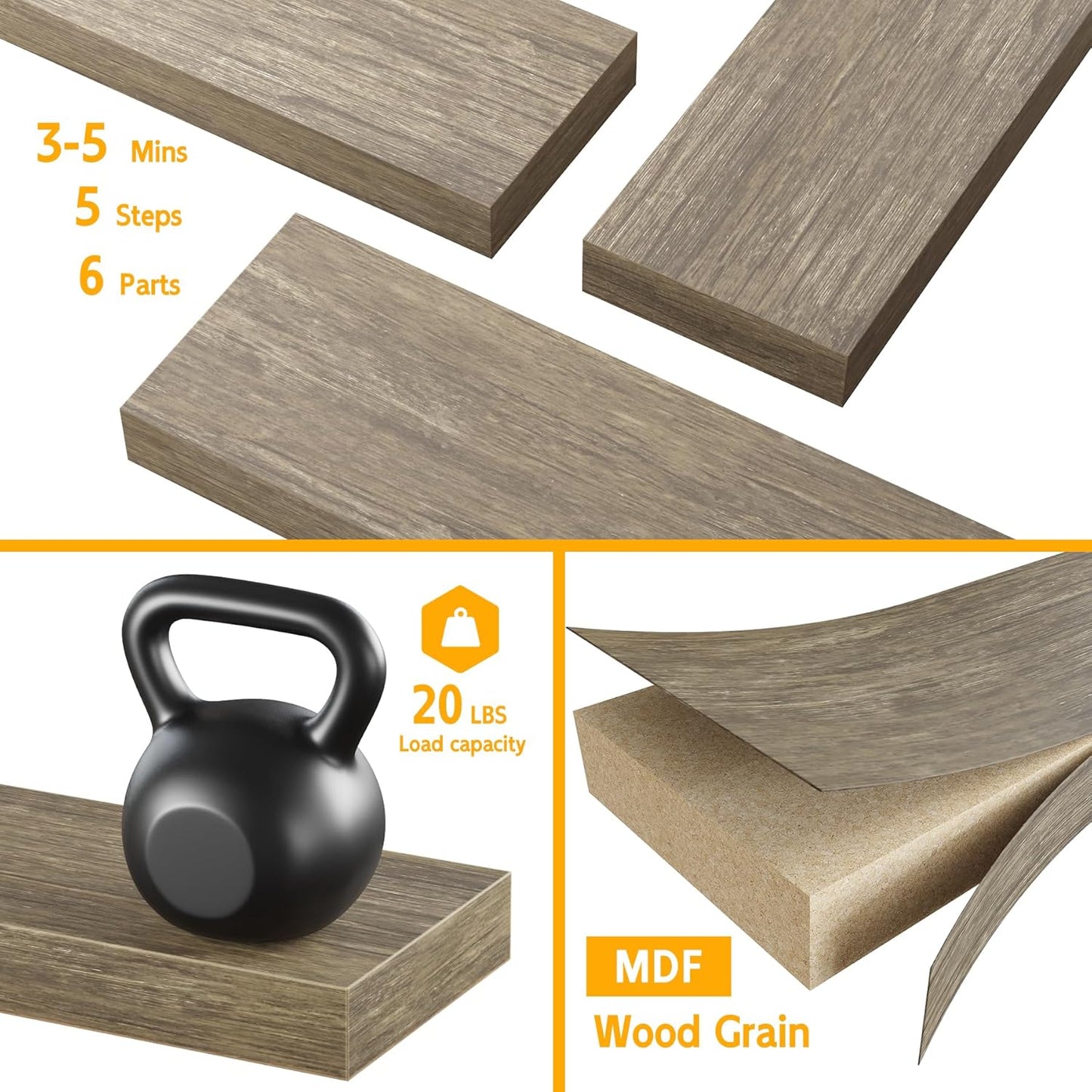 BAMEOS Floating Shelves, 16x6 Wall Mounted Wooden Shelves with Invisible Brackets Set of 3, Hanging Wall Shelves Decoration for Bedroom, Bathroom, Living Room and Kitchen