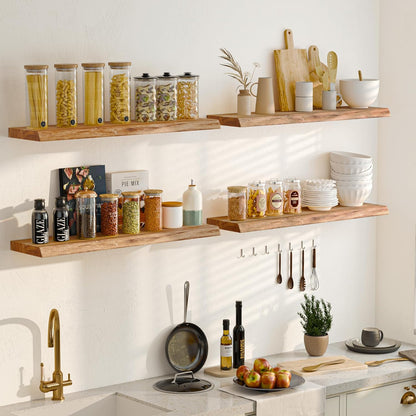 Floating Shelves for Wall, 72" Live Edge Solid Elm Wood Floating Shelf, Wall-Mounted Display Shelves with Invisible Heavy-Duty Metal Bracket, Floating Shelf for Living Room Kitchen, Natural