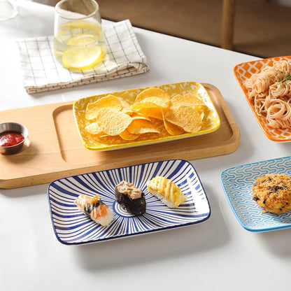 Selamica Ceramic Rectangular Salad Plates Set, Dinner Plate 9.4 Inch Dessert Plates for Party Entertaining, Small Serving Plates for Appetizers, Sushi, Fruit, Set of 4, Assorted Colors